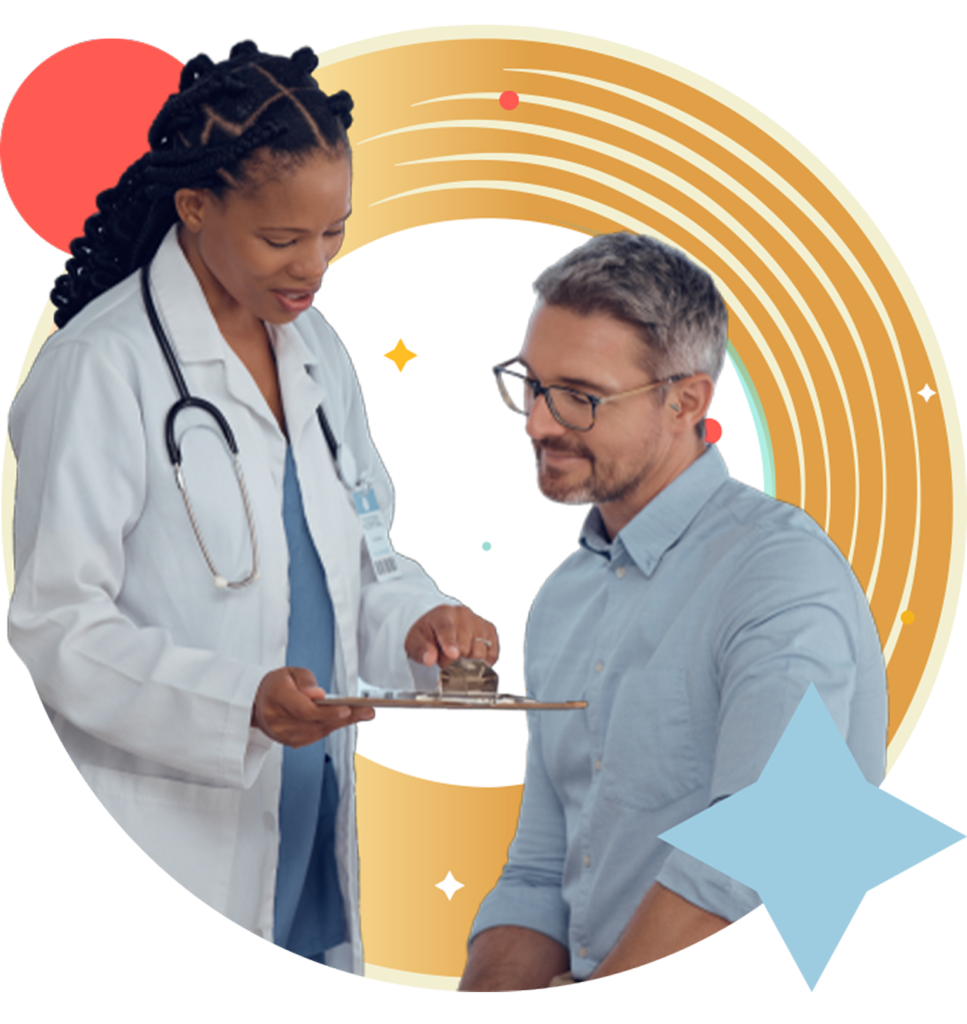 Doctor discussing stroke recovery resources with patient